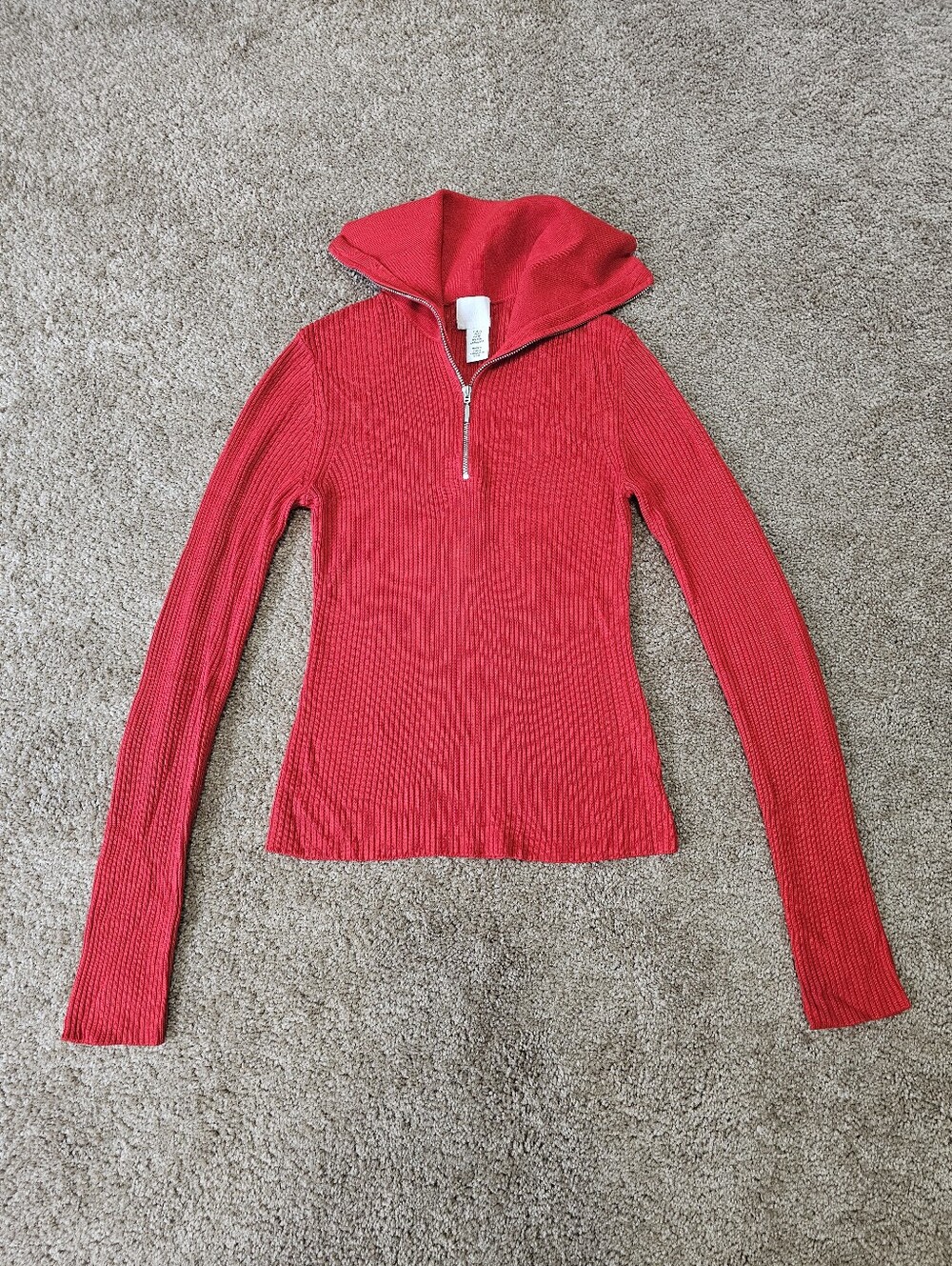H& M Red Ribbed Half-Zip Hoodie Top